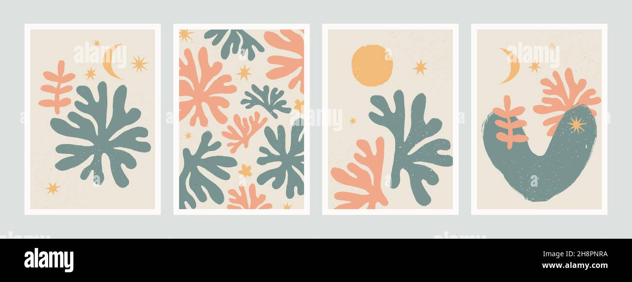 Poster vettoriale astratto. Vintage abstract stampe ispirate a Matisse per la decorazione a parete. Illustrazione vettoriale dipinta a mano Illustrazione Vettoriale