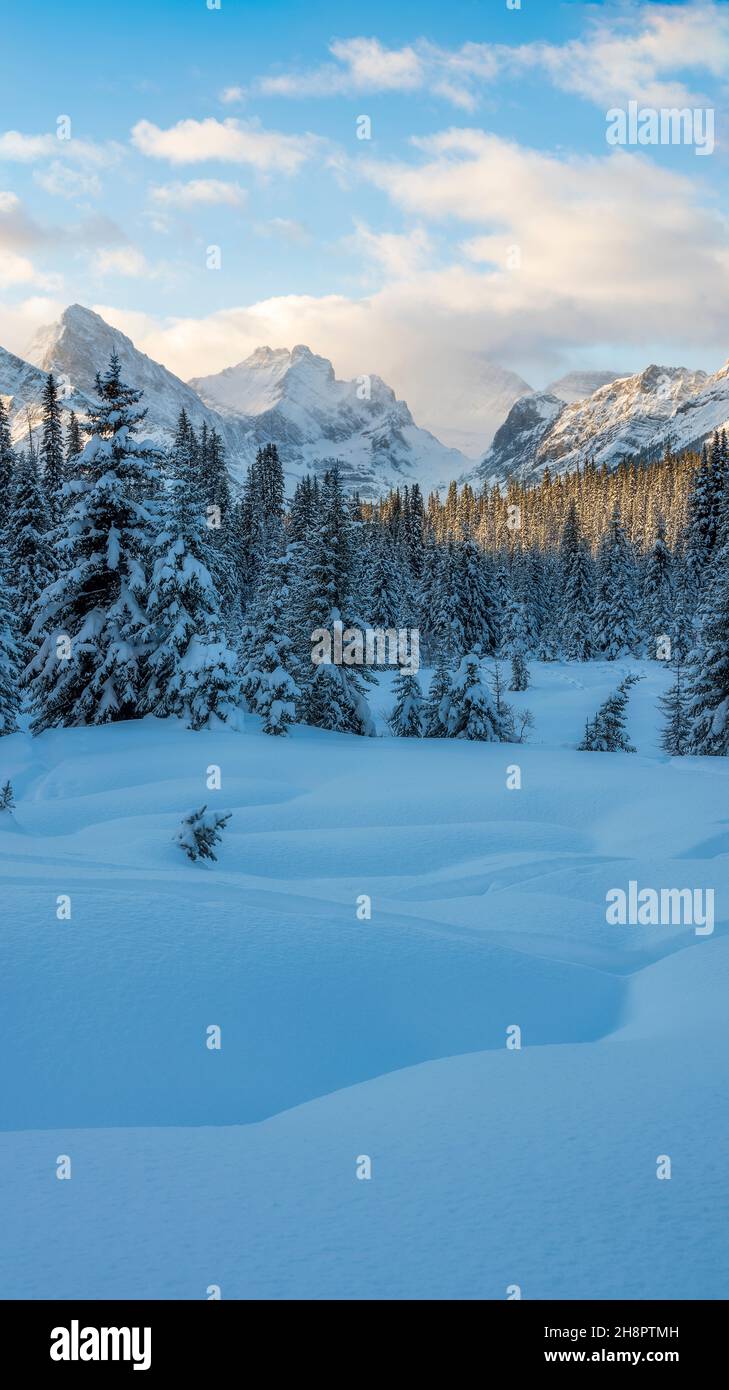 Viaggiare sulle Montagne Rocciose canadesi nella neve, pioggia, sole, pioggia, escursioni e racchette da neve. Foto Stock