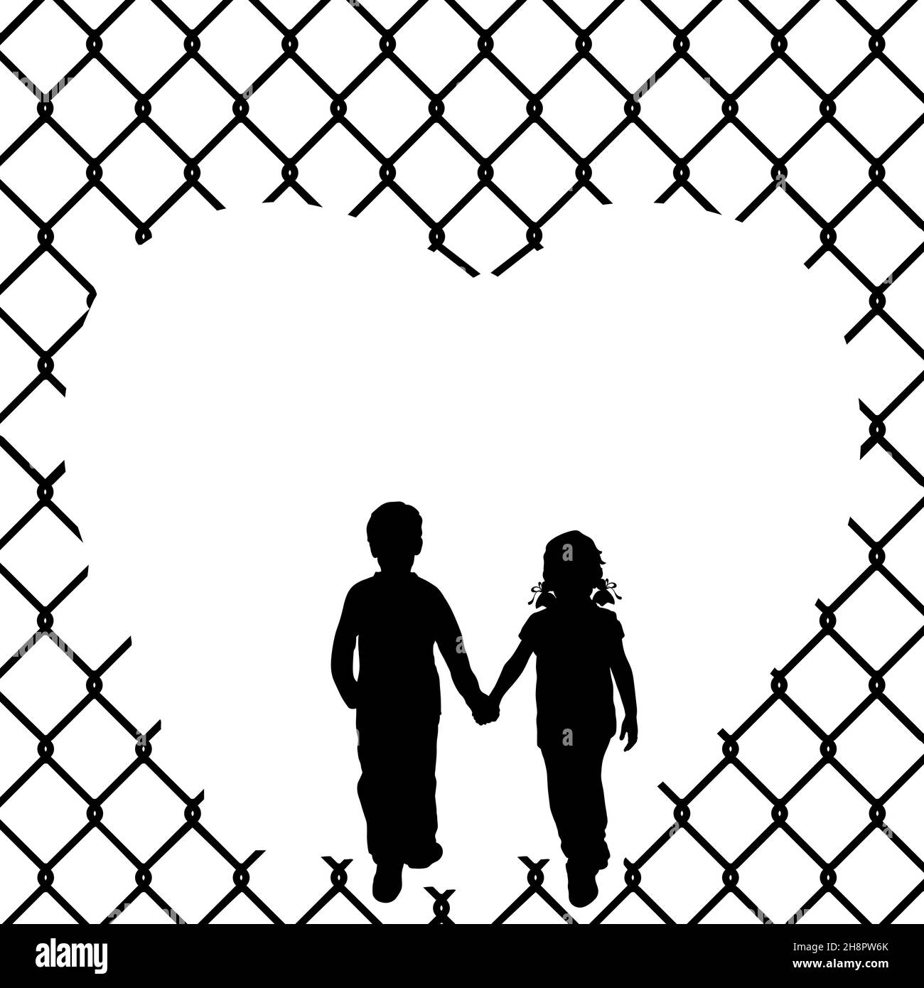 Silhouette ragazzo e ragazza mano di tenuta. Giornata mondiale dei rifugiati. Icona del simbolo dell'illustrazione Illustrazione Vettoriale