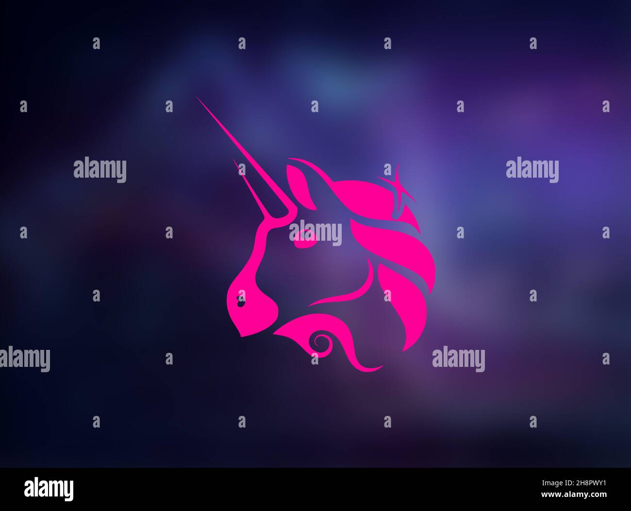 Uniswap, UNI, simbolo di criptovaluta nell'illustrazione grafica con sfondo di rete peer-to-peer. 3D illustrazione, sfondo viola blu Foto Stock