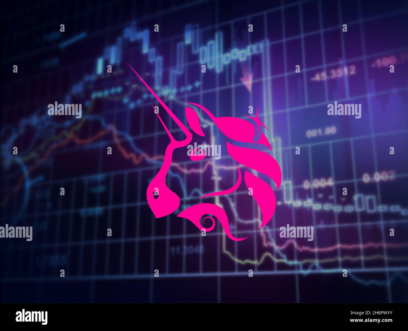 Uniswap, UNI, simbolo di criptovaluta nell'illustrazione grafica con sfondo di rete peer-to-peer. 3D illustrazione, sfondo viola blu Foto Stock