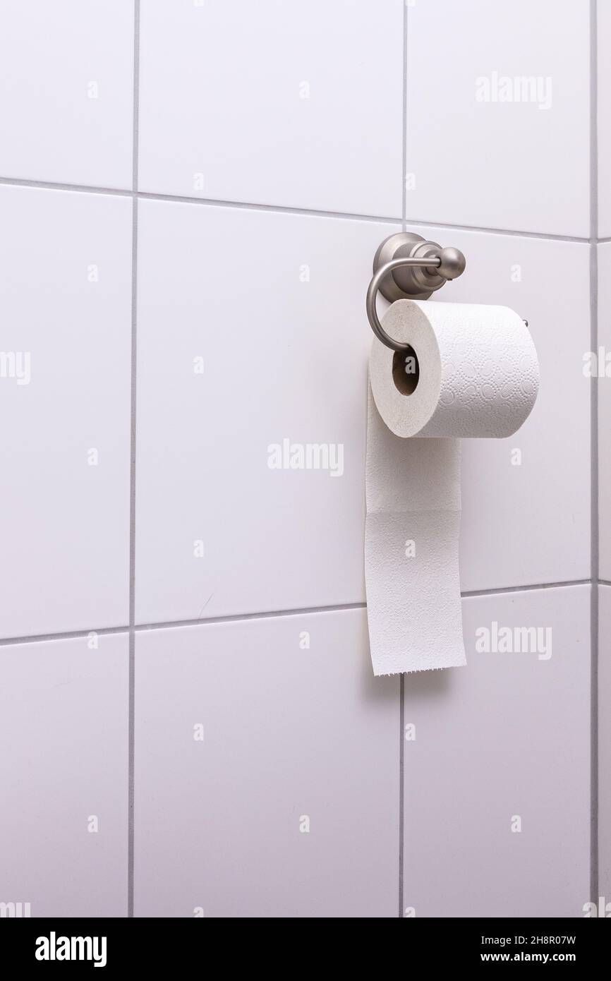 Carta igienica su un porta-rotolo in bagno. Presa con orientamento verticale  Foto stock - Alamy