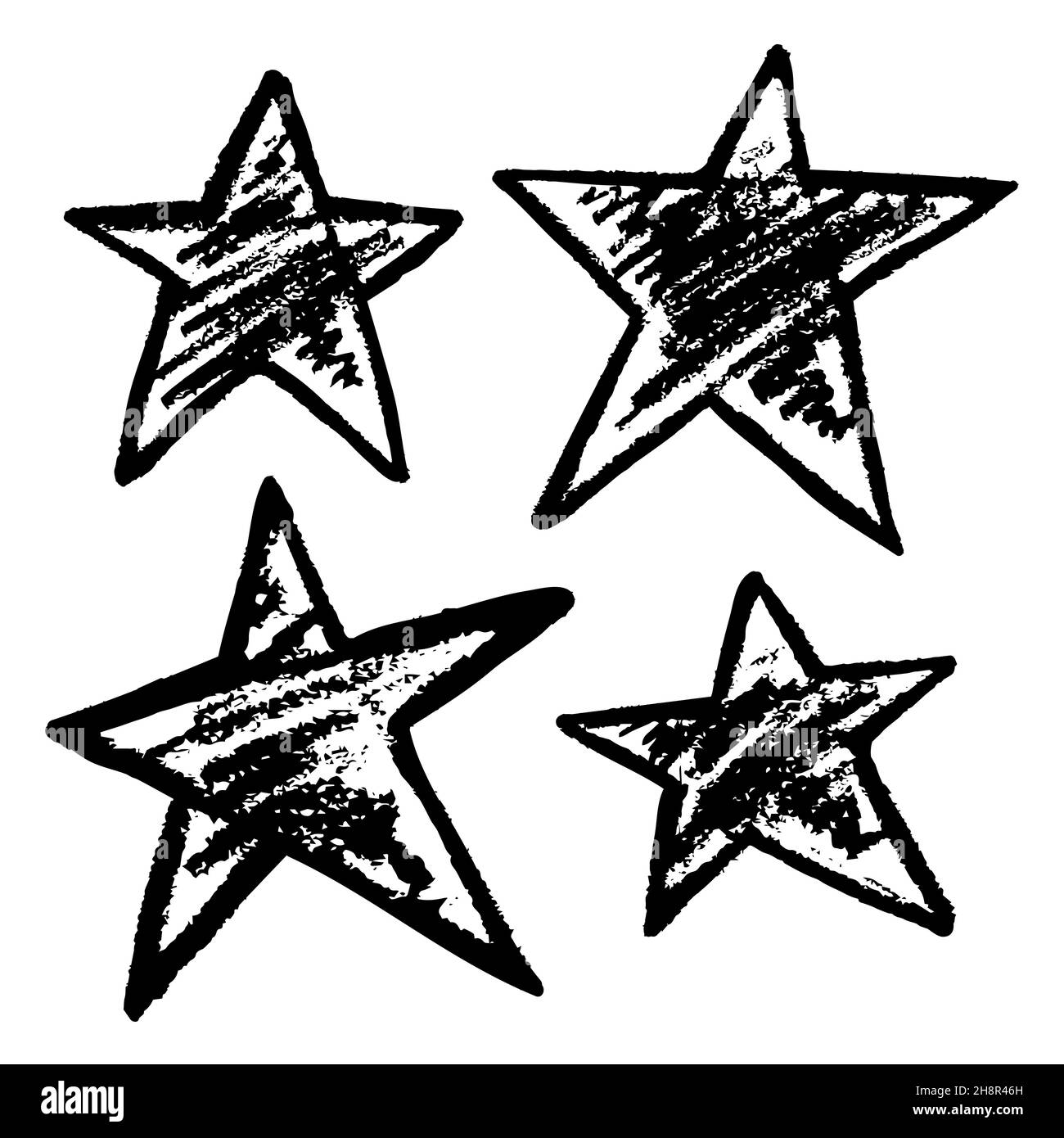 Icona in stile disegno a mano. Stelle impostate. Disegno con pastelli di cera, gesso colorato, creatività dei bambini. Illustrazione vettoriale. Segno, simbolo, pin Illustrazione Vettoriale