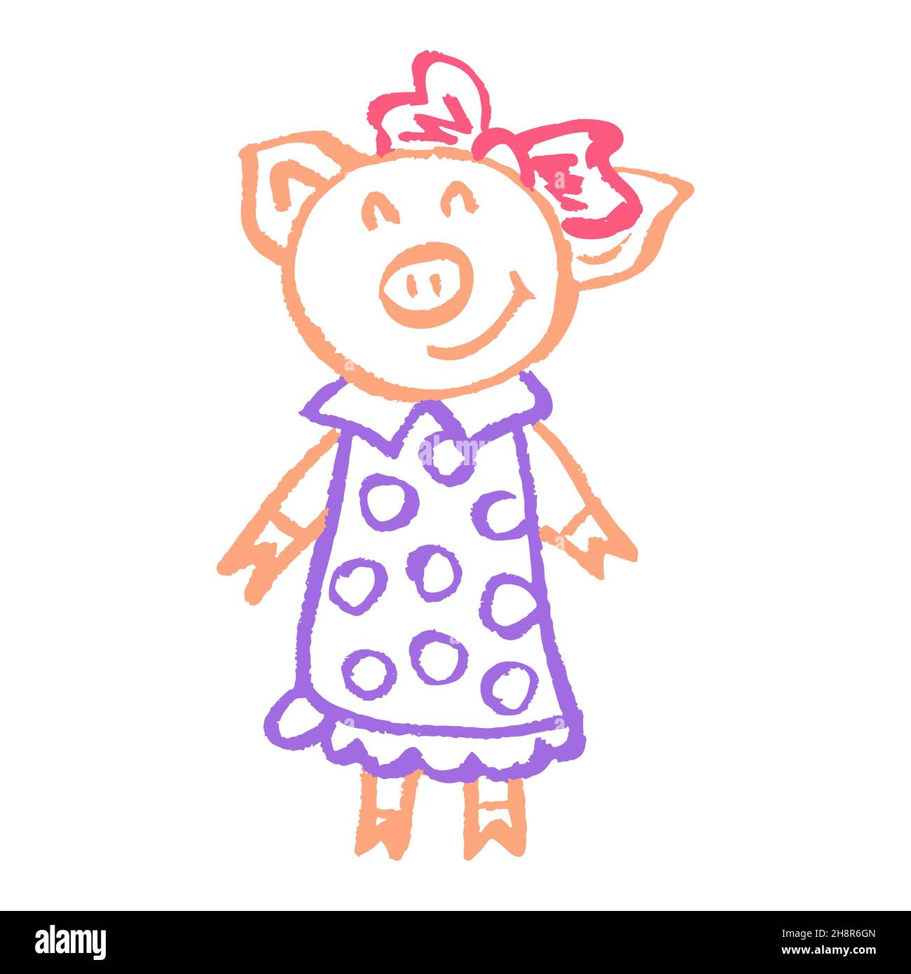 Icona in stile disegno a mano. Disegno con pastelli di cera, gesso colorato, per bambini. Maiale Illustrazione Vettoriale