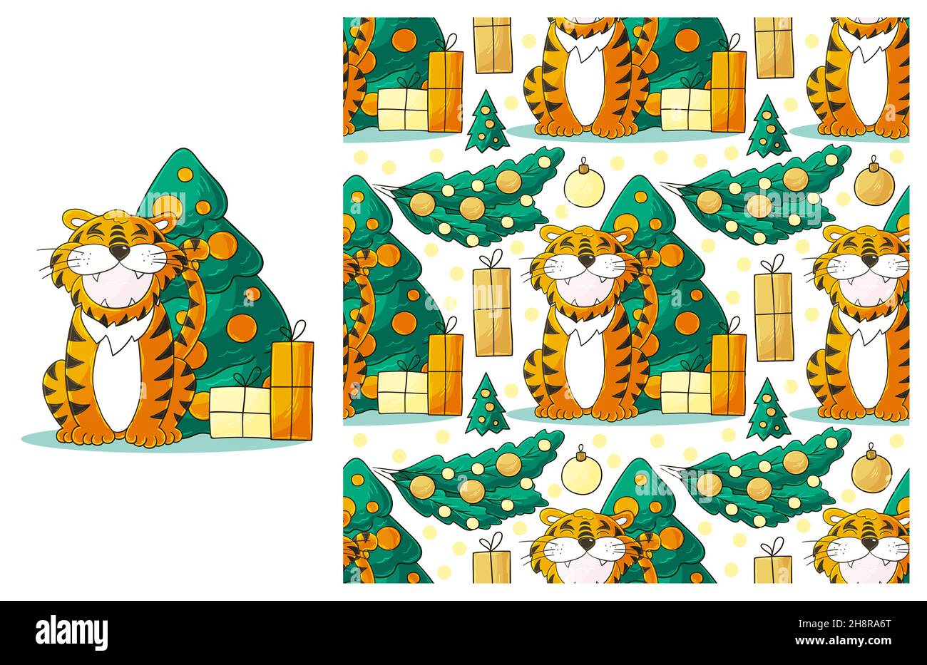 Set di elementi e motivi senza cuciture per l'anno nuovo. Ideale per gli abiti dei bambini. Anno nuovo 2022. Anno della Tigre. Può essere utilizzato per tessuti Illustrazione Vettoriale