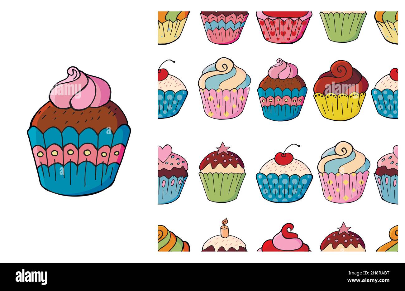 Gruppo di elementi e ripetizione senza giunture. Cupcake, muffin. Ideale per abbigliamento per bambini. Dolci. Può essere utilizzato per tessuti Illustrazione Vettoriale