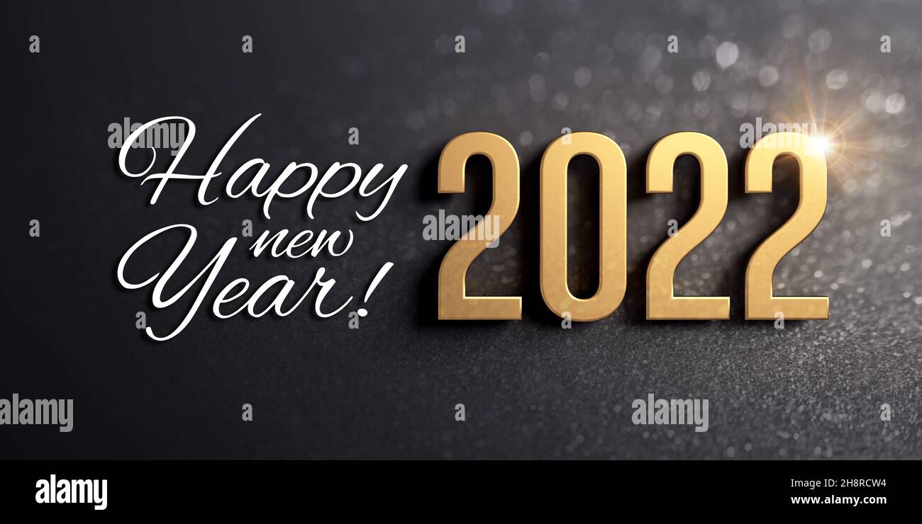 Felice anno nuovo saluti e 2022 data numero colorato in oro, su una scintillante auto nera - illustrazione 3D Foto Stock