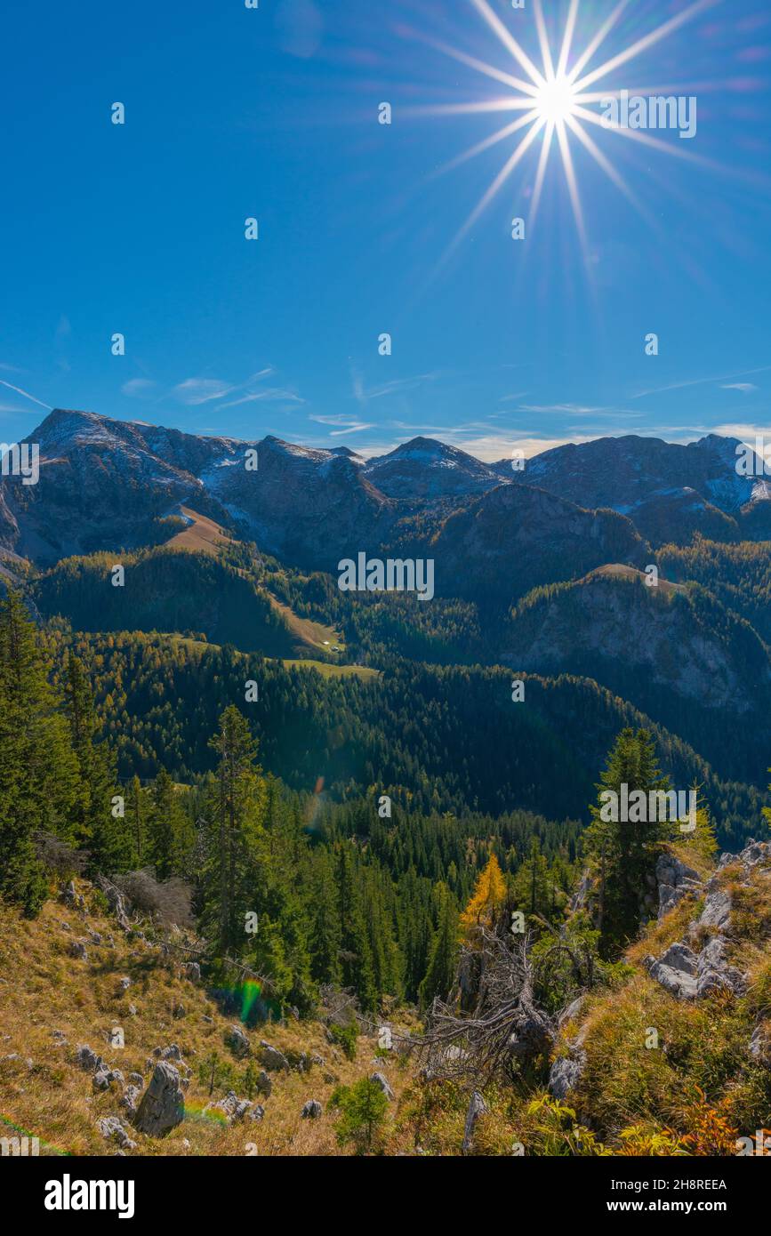 Vista su e dall'altopiano di Jenner circa 1800m s.l.m., Alpi bavaresi, alta Baviera, Germania meridionale Foto Stock