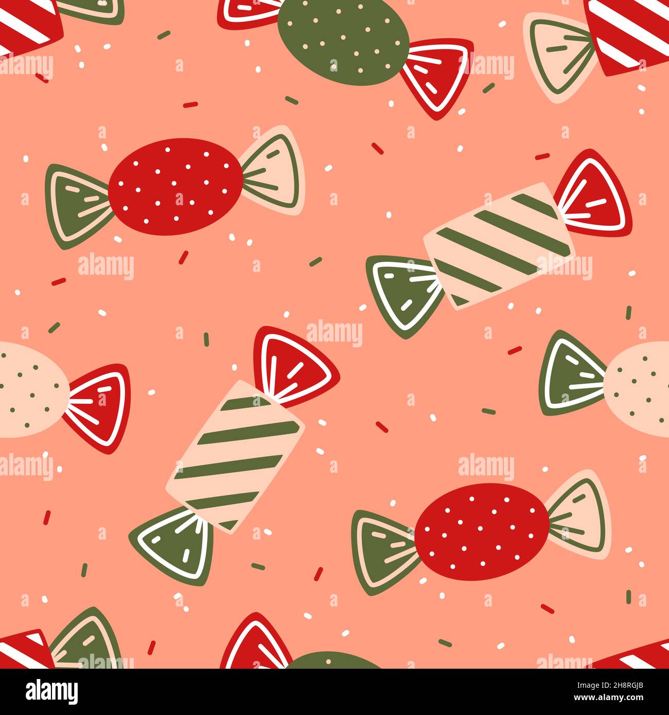 Caramelle in involucro a righe e involucro rosso con puntini. Pattern vettoriale senza giunture Illustrazione Vettoriale