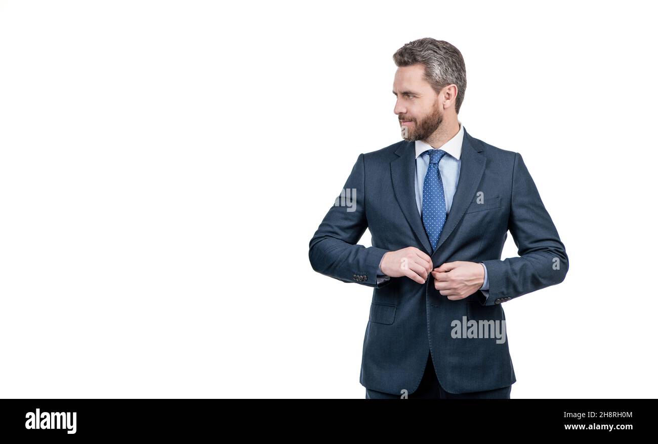 Uomo d'affari. Giacca uomo d'affari con tuta a bottone. Uomo professionista isolato su bianco Foto Stock