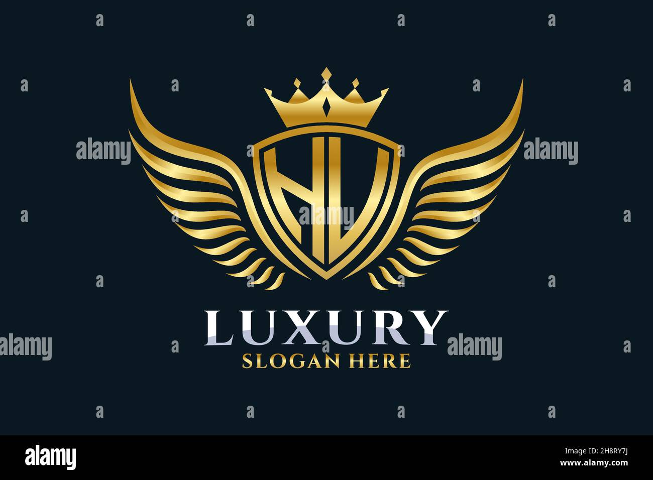 Luxury Royal Wing Letter HU crest Gold color Logo Vector, Victory logo, crest logo, wing logo, Vector logo . Illustrazione Vettoriale