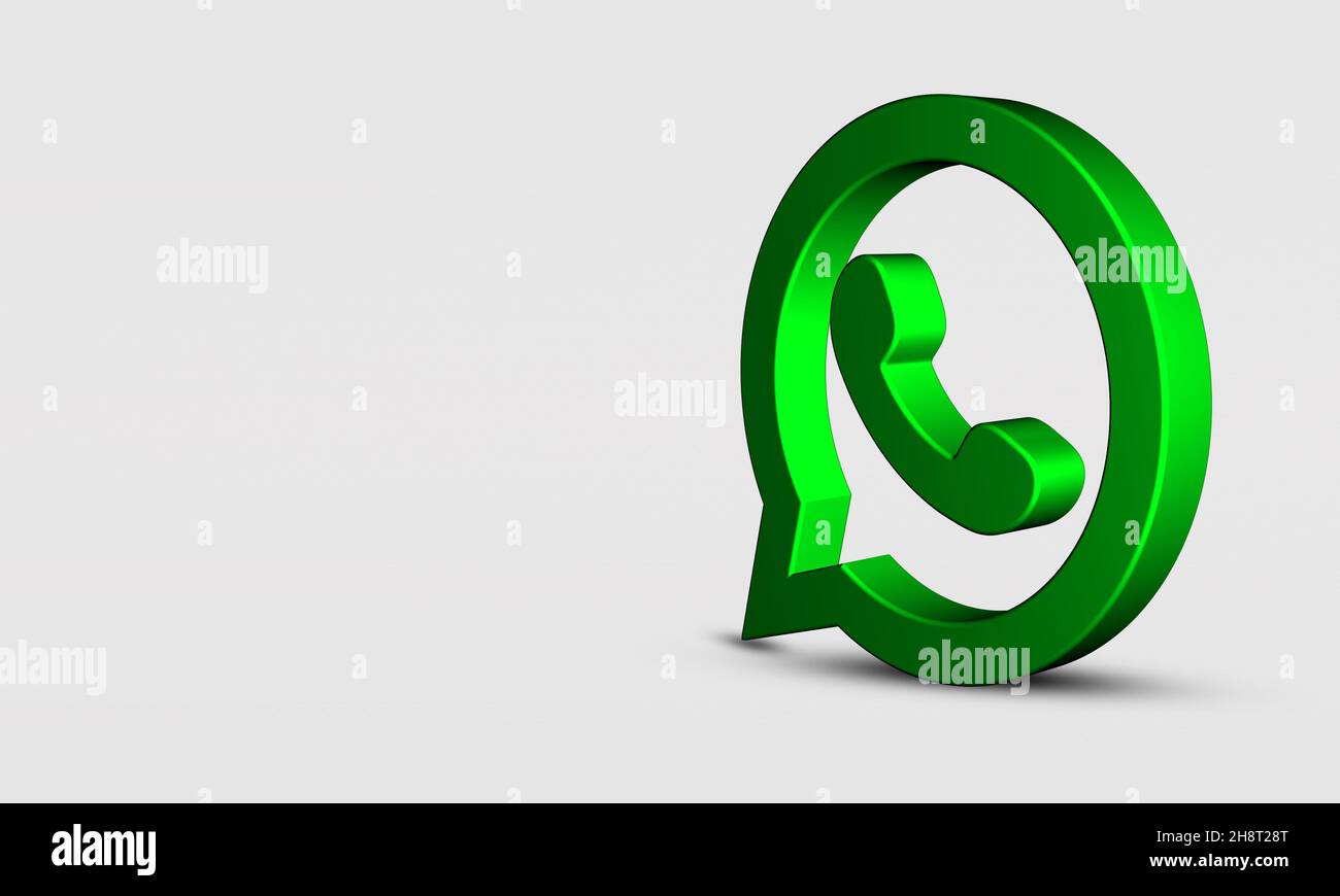 Rendering 3D WhatsApp Logo Design su sfondo bianco. Applicazione tridimensionale What's icona verde lucida. Spazio di copia minimo Foto Stock