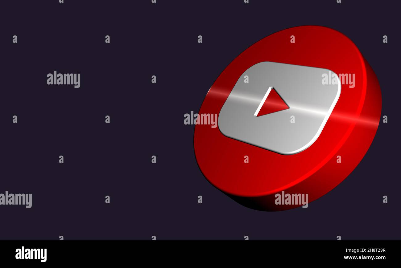 Pulsante YouTube di rendering 3D su sfondo scuro. Logo tridimensionale You Tube Flying stile flash con spazio di copia Social Media 3D Visualization Mot Foto Stock