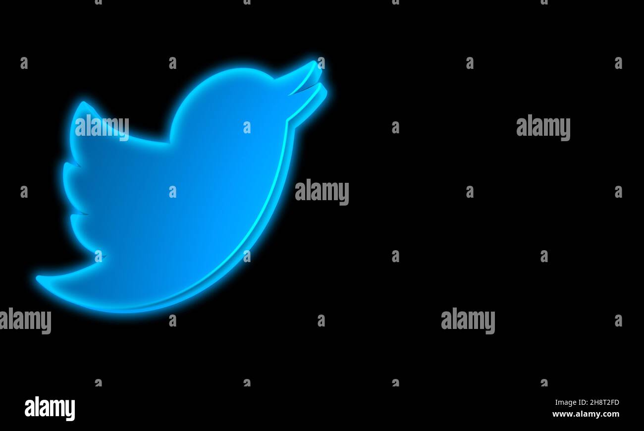 Logo Twitter 3D Design moderno minimo in nero sfondo con spazio per la copia. Icona lucida Flying Bird stile alla moda. Rendering 3D Foto Stock