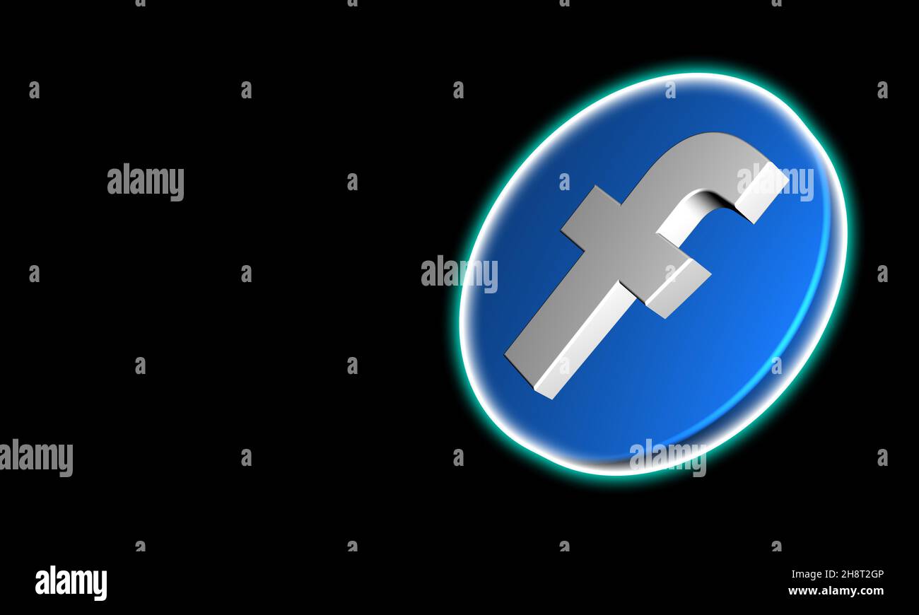 3D Logo pulsante Facebook su sfondo nero. Con spazio per la copia. Forma del cerchio dell'icona del libro facciale tridimensionale. Social Media 3D segni di visualizzazione. Foto Stock