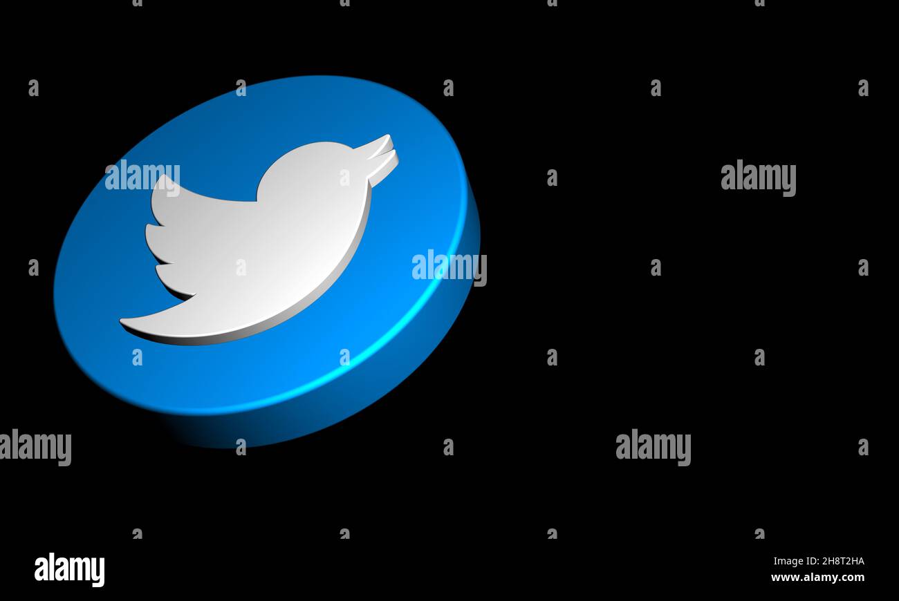 Pulsante Twitter i3D rendering isolato su sfondo nero. Stile tridimensionale del logo Bird Flying con spazio di copia Social Media 3D Visualization Foto Stock