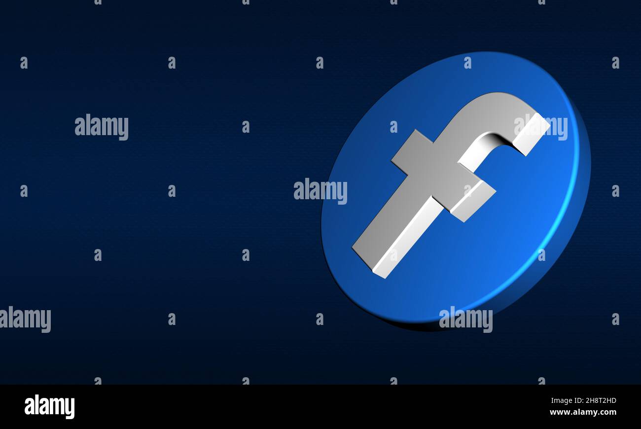 Logo del pulsante 3D Facebook su sfondo blu scuro. Con spazio per la copia. Forma del cerchio dell'icona del libro facciale tridimensionale. Segni di visualizzazione 3D sui social media. Foto Stock