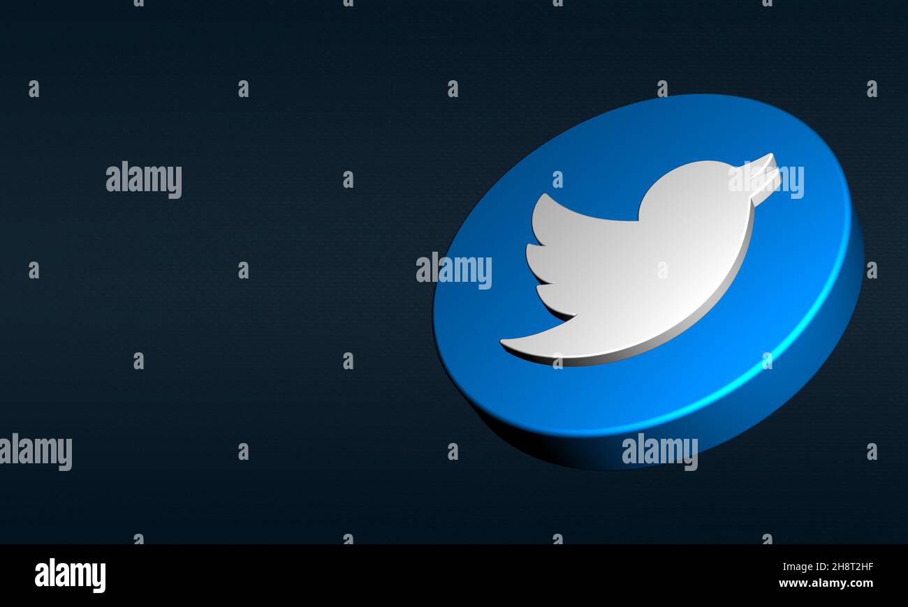 Pulsante Twitter rendering 3D su sfondo scuro. Logo tridimensionale Bird Flying con spazio copia Social Media 3D Visualization Motion Picture. Foto Stock