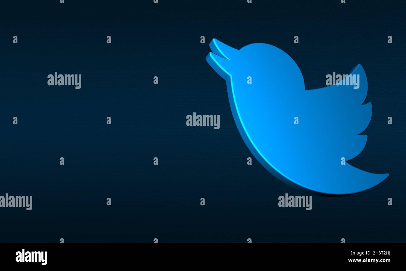 Logo moderno Twitter 3D minimale in blu scuro sfondo con spazio per la copia. Icona lucida Flying Bird stile alla moda. Rendering 3D Foto Stock
