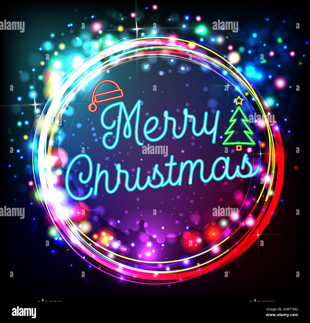 Neon luminoso e colorato buon Natale con Cap Illustrazione Vettoriale