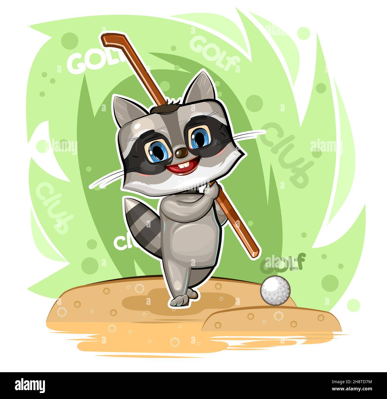 Carino Raccoon capretto in un randello di golf e una sfera. Illustrazione per bambini in stile cartone animato. Divertente animale del bambino. Sport. Isolato su sfondo bianco. Vet Illustrazione Vettoriale