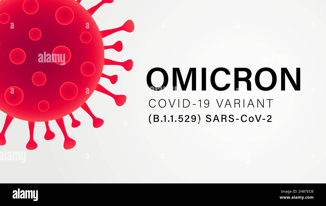Omicron COVID-19 VARIANT (B.1.1.529) banner grigio tipografico SARS-COV-2. Nuovo ceppo di Coronavirus. Vettore simbolo del virus mutato Illustrazione Vettoriale