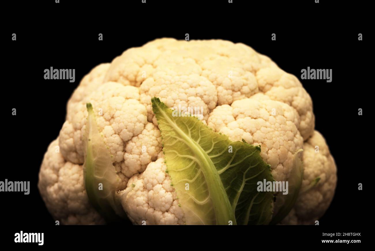 Testa di cavolfiore isolata su sfondo nero Foto Stock