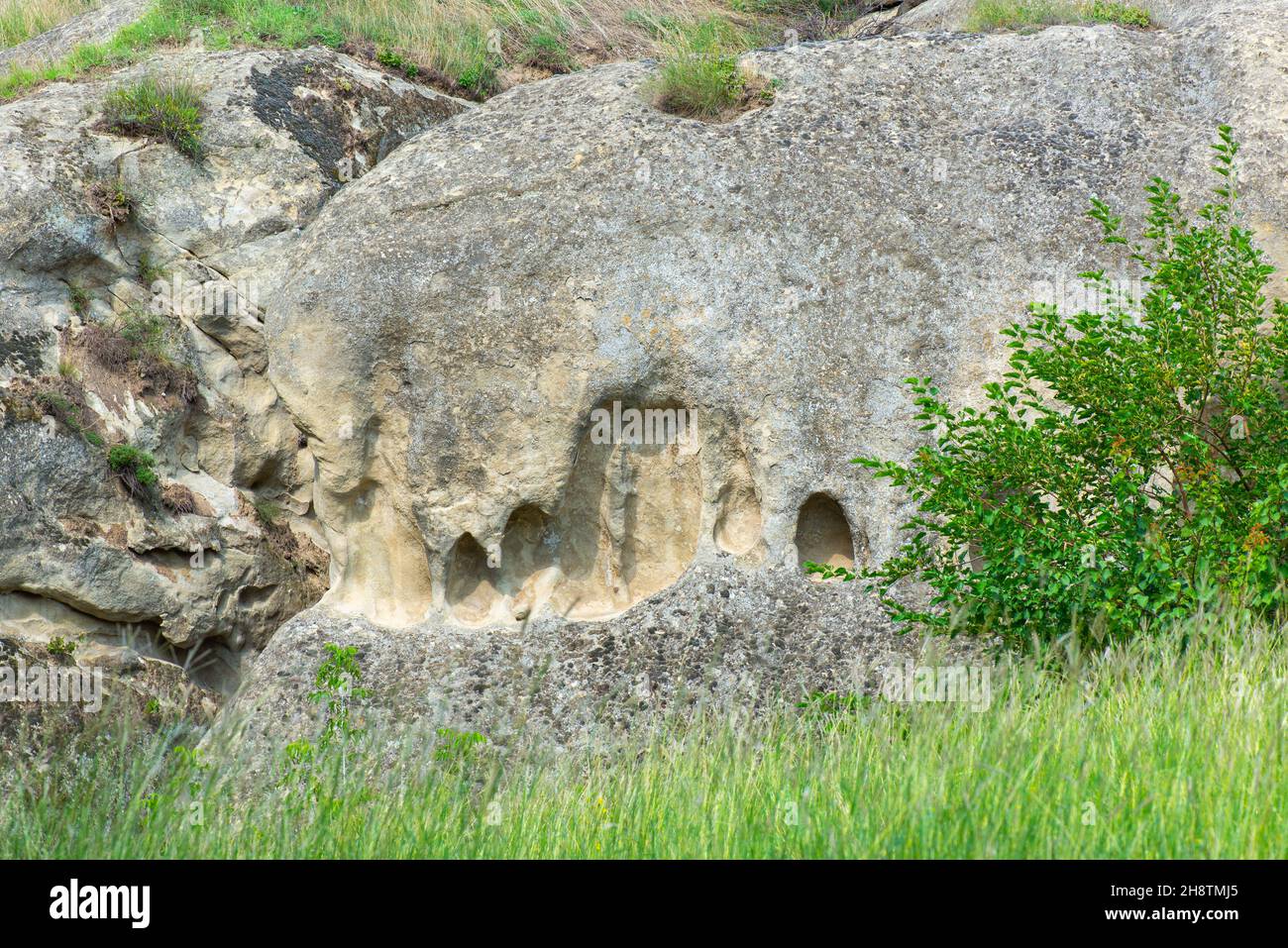 Pietre nell'erba nella città di Uplistsikhe in Georgia Foto Stock