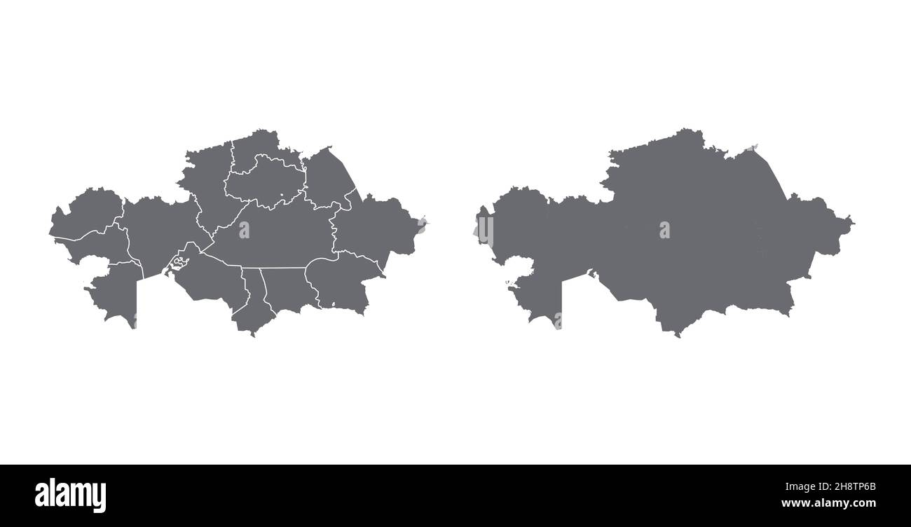 Mappa del Kazakistan, isolata su sfondo bianco. Modello mappa nero. Mappa del mondo semplificata con round Foto Stock