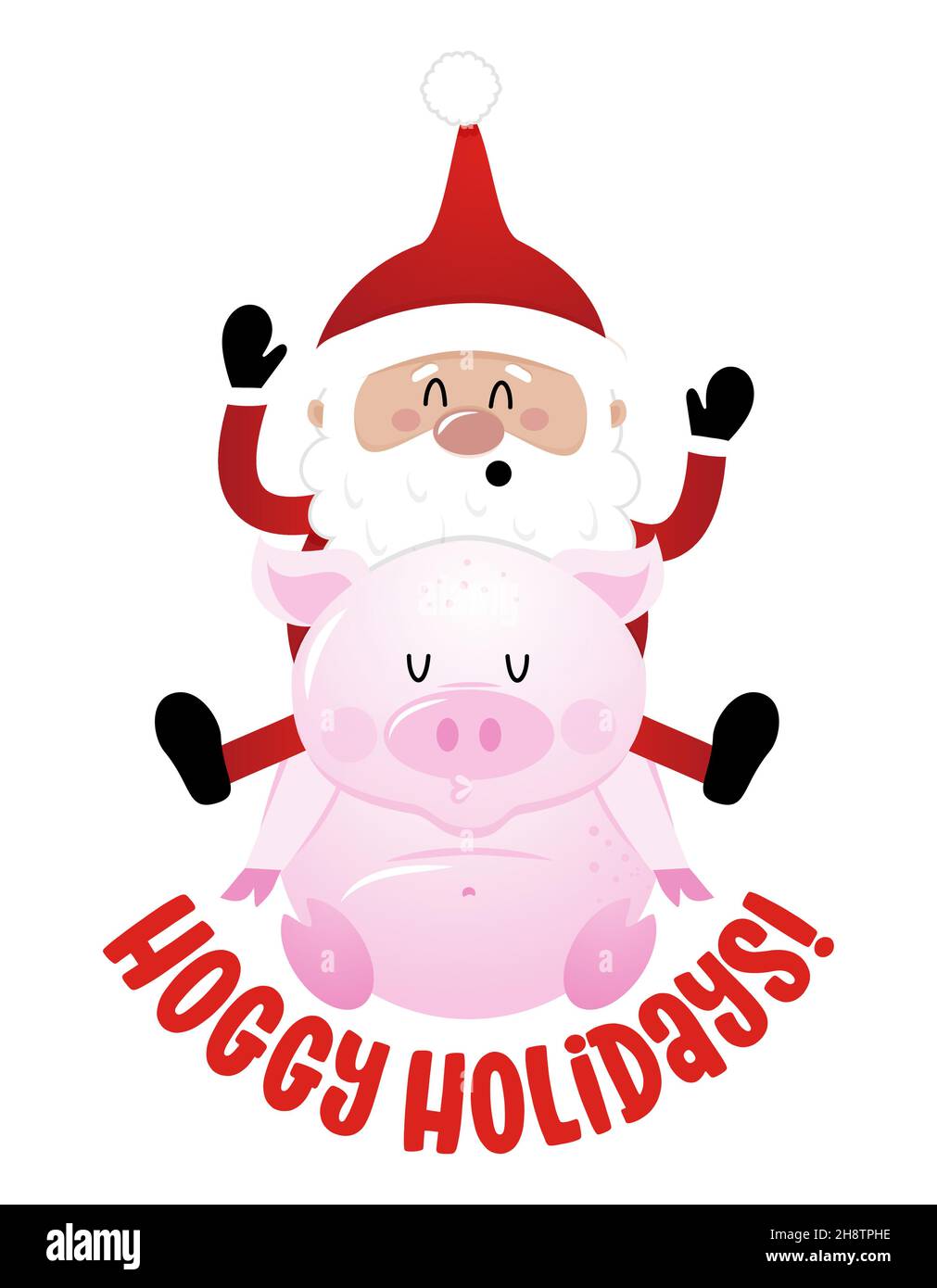 Hoggy Holidays (Happy Holidays) - Santa in sella al maiale. Lettere disegnate a mano per biglietti d'auguri di Natale, inviti. Ideale per t-shirt, tazza, rottami Illustrazione Vettoriale