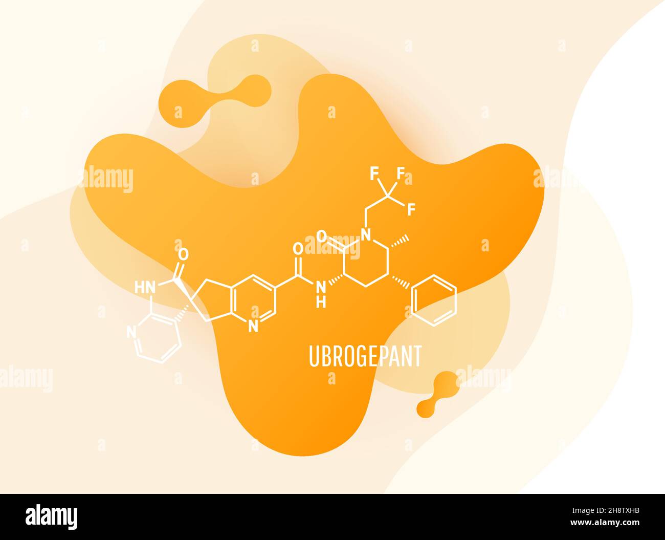 Formula della molecola di farmaco di Ubrogepant con forme di liquido su sfondo bianco, illustrazione vettoriale Illustrazione Vettoriale