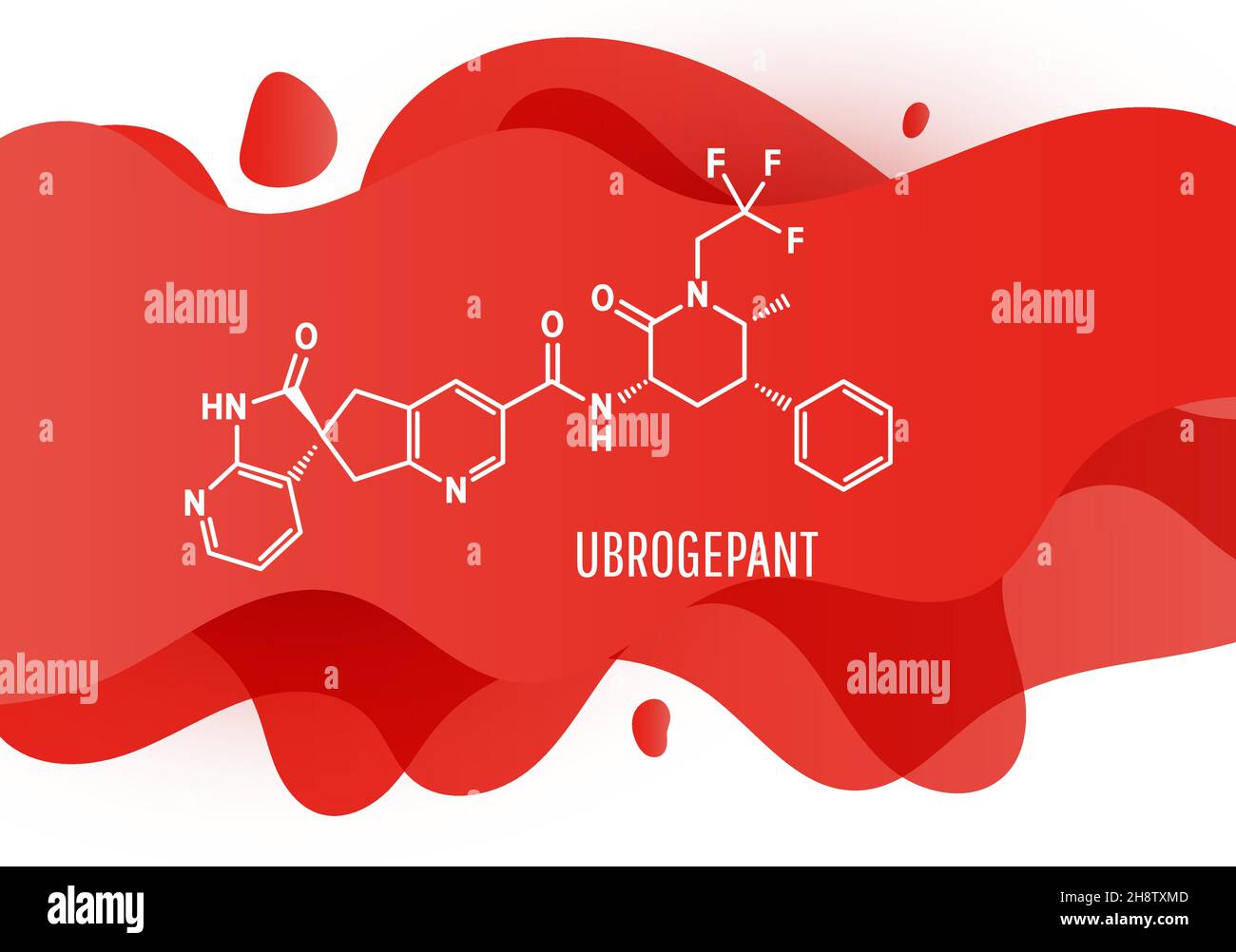 Formula della molecola di farmaco di emicrania con liquido rosso forme su sfondo bianco, illustrazione vettoriale Illustrazione Vettoriale