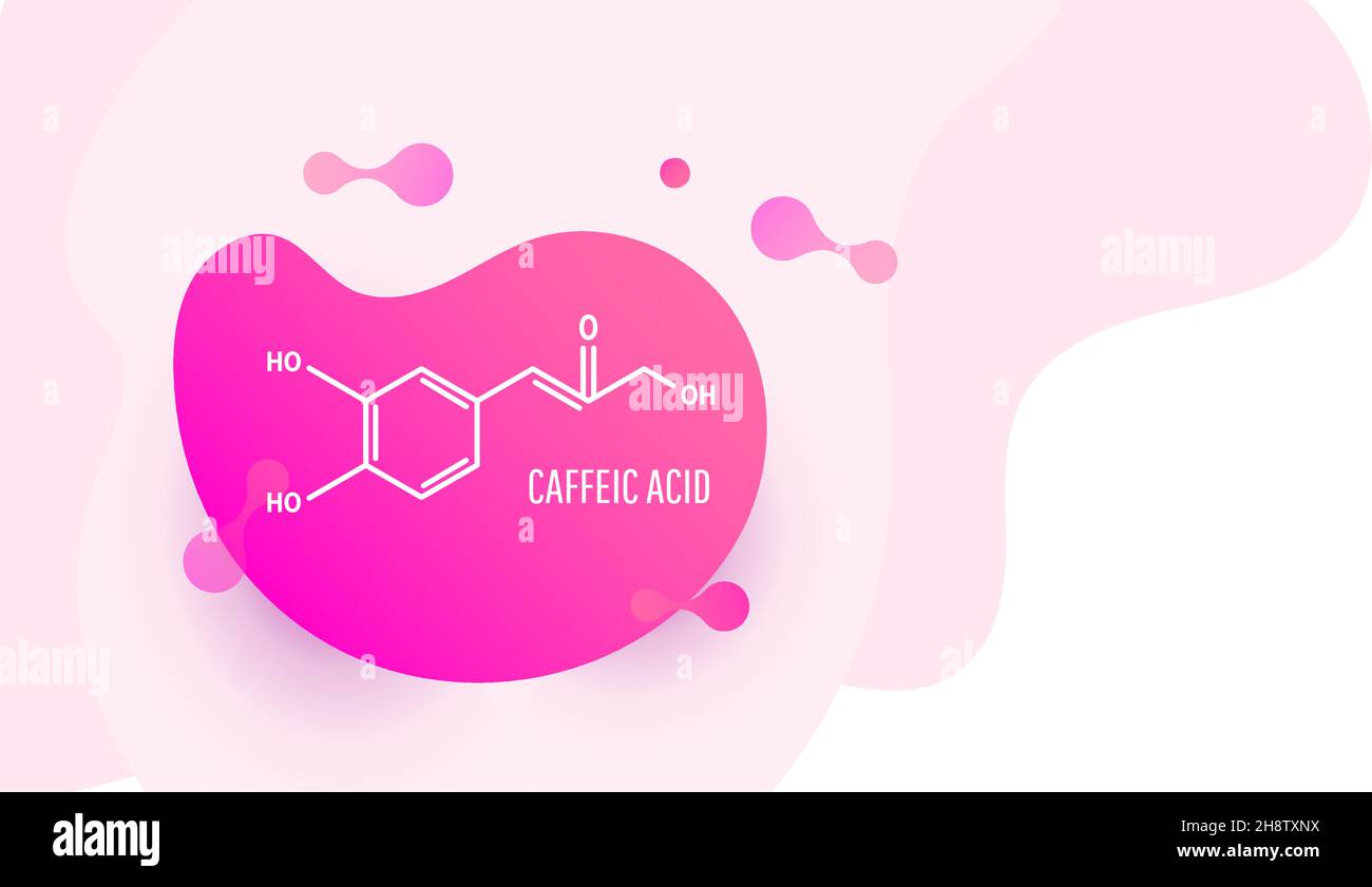 Acido caffeico, struttura molecolare C9H8O4. Formula chimica scheletrica con forme di liquido su sfondo bianco, illustrazione vettoriale Illustrazione Vettoriale