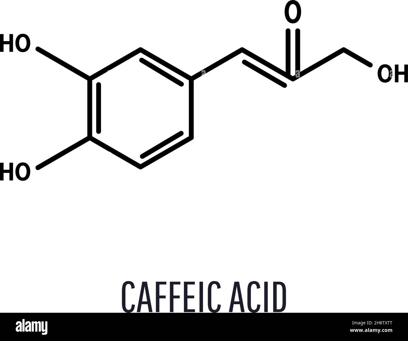 Acido caffeico, formula chimica scheletrica C9H8O4 su sfondo bianco, illustrazione vettoriale. Formula scheletrica. Illustrazione Vettoriale