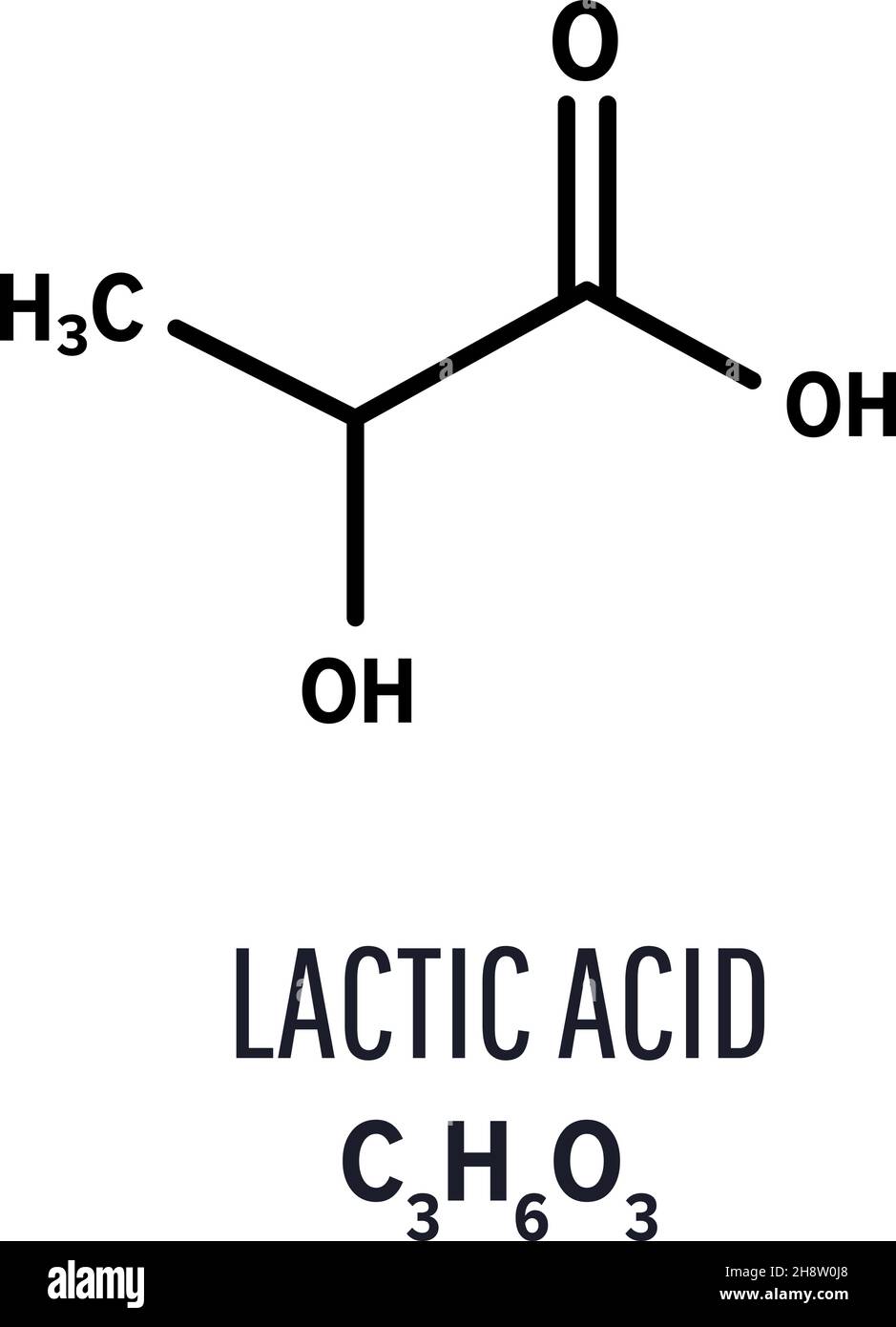 Struttura molecolare dell'acido lattico. Acido lattico formula chimica scheletrica. Illustrazione Vettoriale