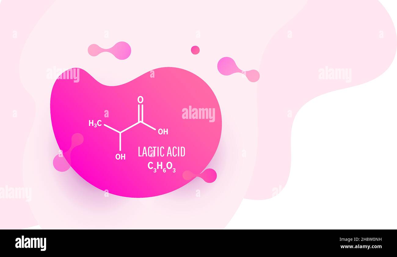 Struttura molecolare dell'acido lattico. Formula chimica scheletrica dell'acido lattico con forme di liquido su sfondo bianco, illustrazione vettoriale Illustrazione Vettoriale