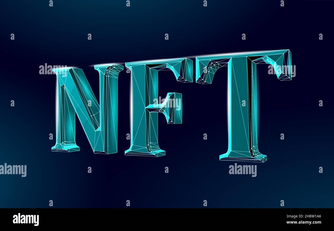 NFT 3D non Fungibile criptovaluta unica. Blockchain art criptato codice di sicurezza.dati memorizzati foto digitale oggetto certificato proprietà.tecnologia Illustrazione Vettoriale