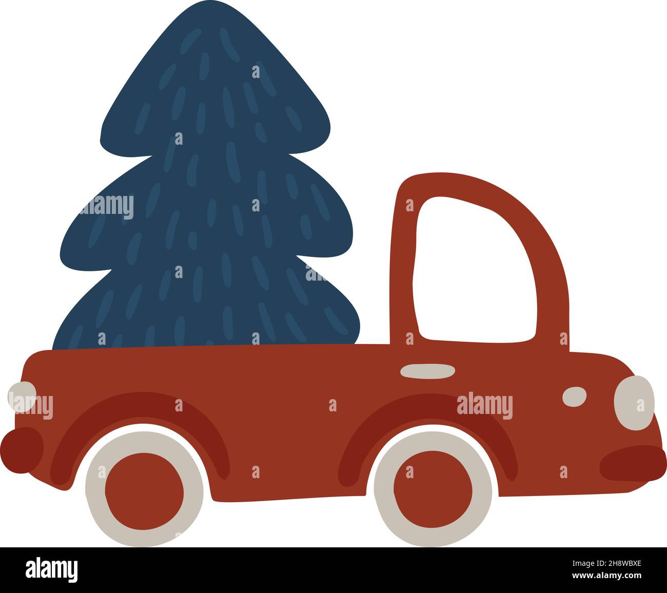 Baby Vector auto disegnata a mano con albero di Natale su sfondo bianco isolato. Illustrazione carina scandinava per i bambini disegno tessile, biglietto d'auguri Illustrazione Vettoriale