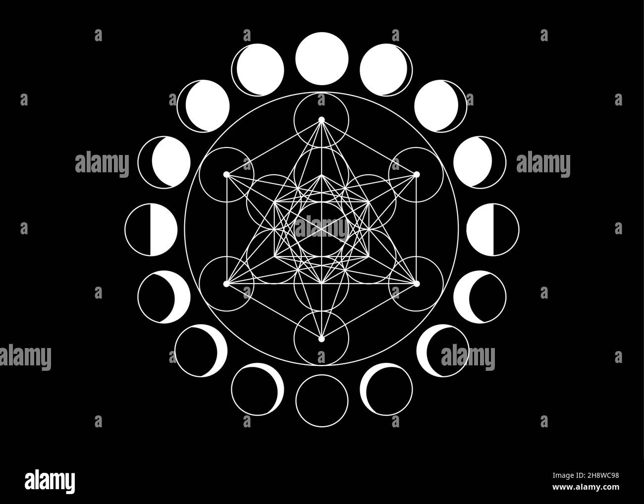 Metatron Cube, fiore della vita. Geometria sacra, fasi lunari, elementi geometrici. Solidi platonici con icone mistiche, disegno geometrico astratto, cerchio di ritaglio Illustrazione Vettoriale
