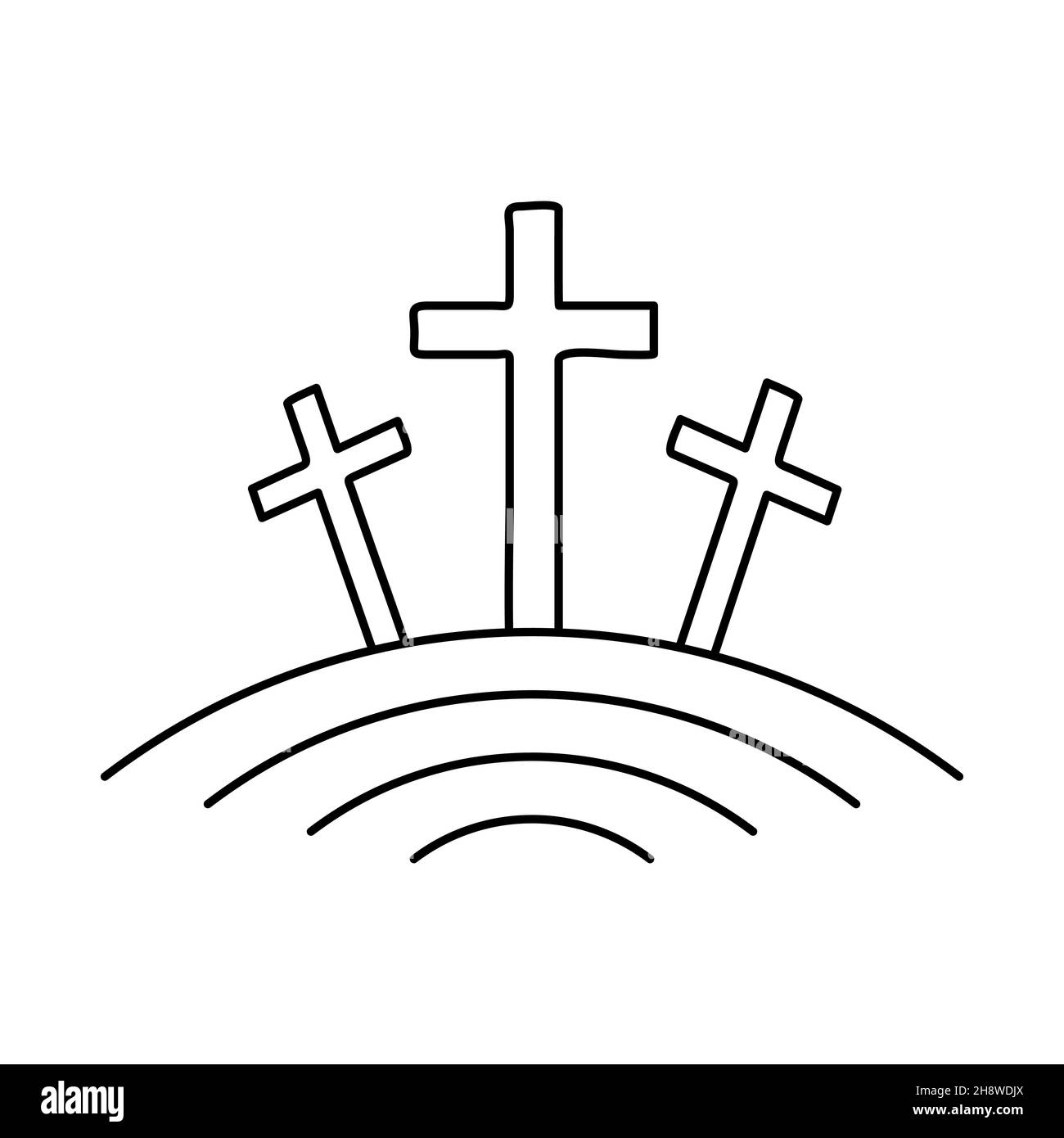 Icona Calvario. Logo religioso astratto. Icona croce cristiana. Illustrazione vettoriale. Simbolo lineare della chiesa Illustrazione Vettoriale