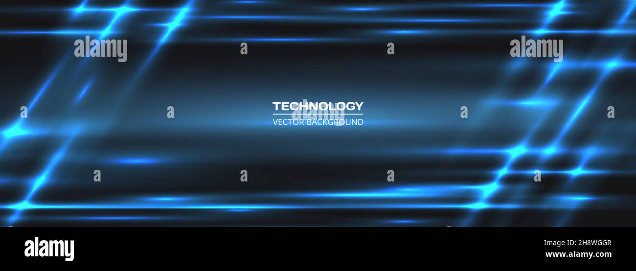 Banner in tecnologia astratta Dark Wide con linee blu al neon. Background tecnologico futuristico. Illustrazione Vettoriale