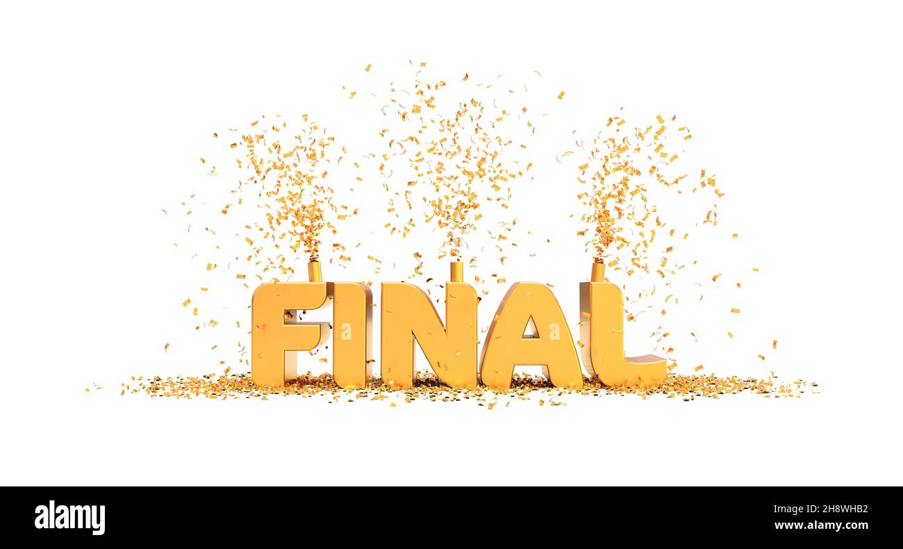 Testo finale con confetti su sfondo bianco - rendering 3D Foto Stock