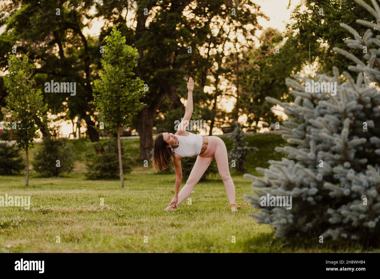 Donna attraente ed elegante fa yoga e si alza in posizione Trikonasana mantenendo l'equilibrio sul verde erba di prato al tramonto, concetto di armonia interiore Foto Stock