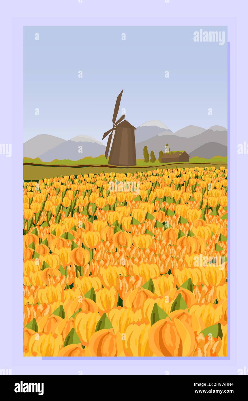 sfondo vettoriale orizzontale. Paesaggio rurale. Natura dei Paesi Bassi. Holland Mill. Paesaggio di montagna. Campo di tulipani gelatina. Tulipani gialli. Copertura templa Illustrazione Vettoriale