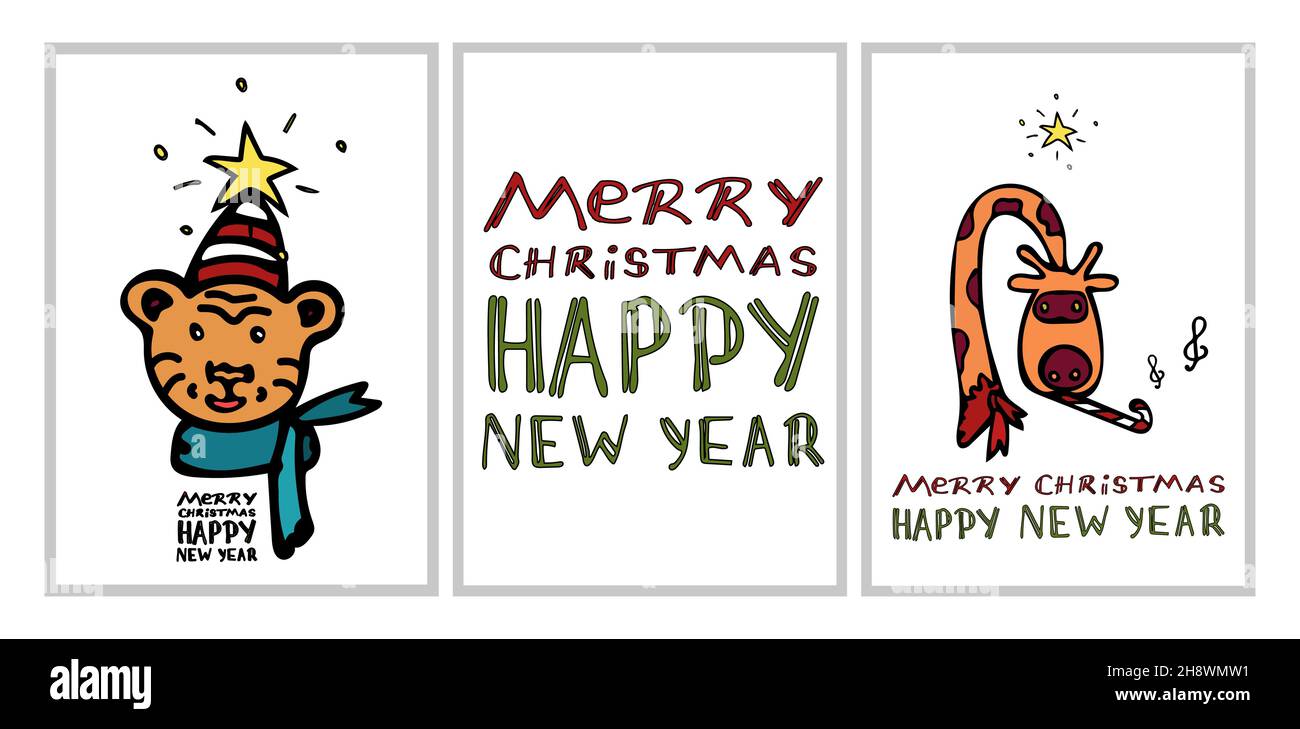 Un set di carte per Natale e Capodanno con un simbolo arancione dell'anno, una tigre e una giraffa con una sciarpa rossa che gioca la pipa. Lettere con Illustrazione Vettoriale