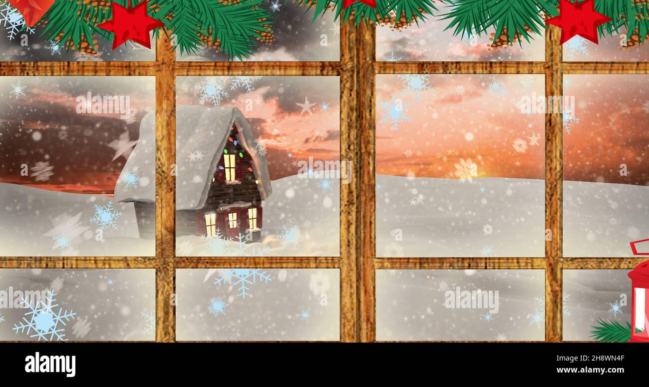 Immagine composita di casa coperta di neve vista attraverso la finestra decorata a natale, spazio copia Foto Stock