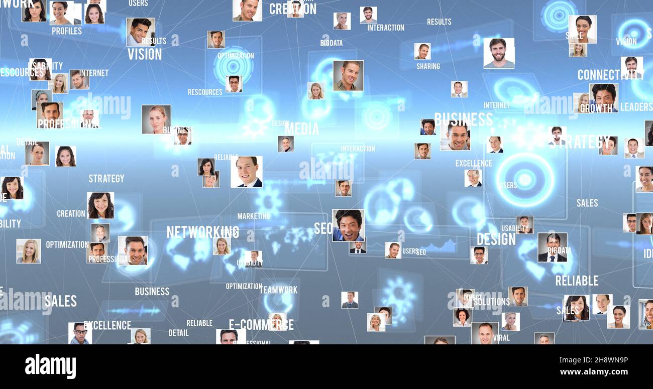 Immagine composita di persone multirazziali connesse a livello globale attraverso il networking Foto Stock