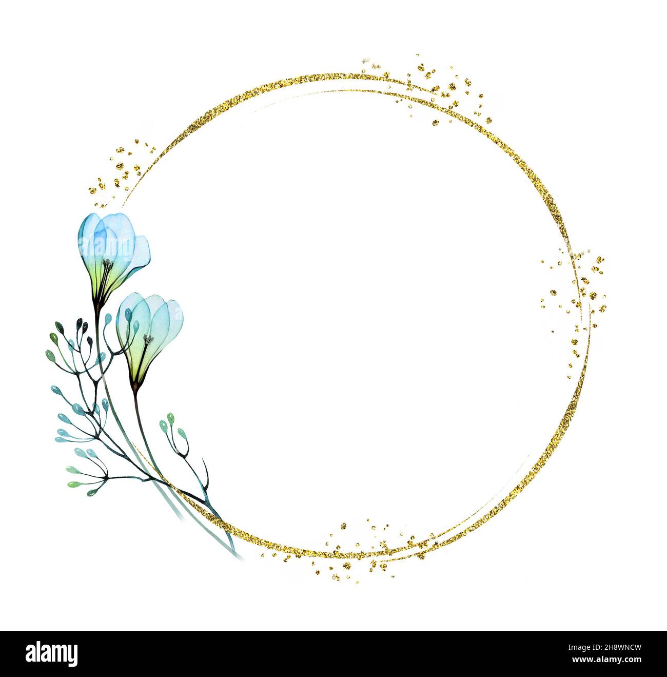 Corona d'acqua dorata e fiori blu. Poster realistico con fiori e cornice in lamina di glitter. Posiziona per testo. Sfondo floreale botanico per Foto Stock