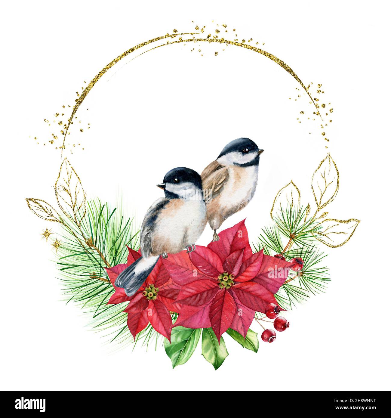 Corona di Natale con uccelli sul bouquet con fiori rossi. Cartolina acquerello con pino, poinsettia, lamina dorata con glitter. Floreale botanico Foto Stock