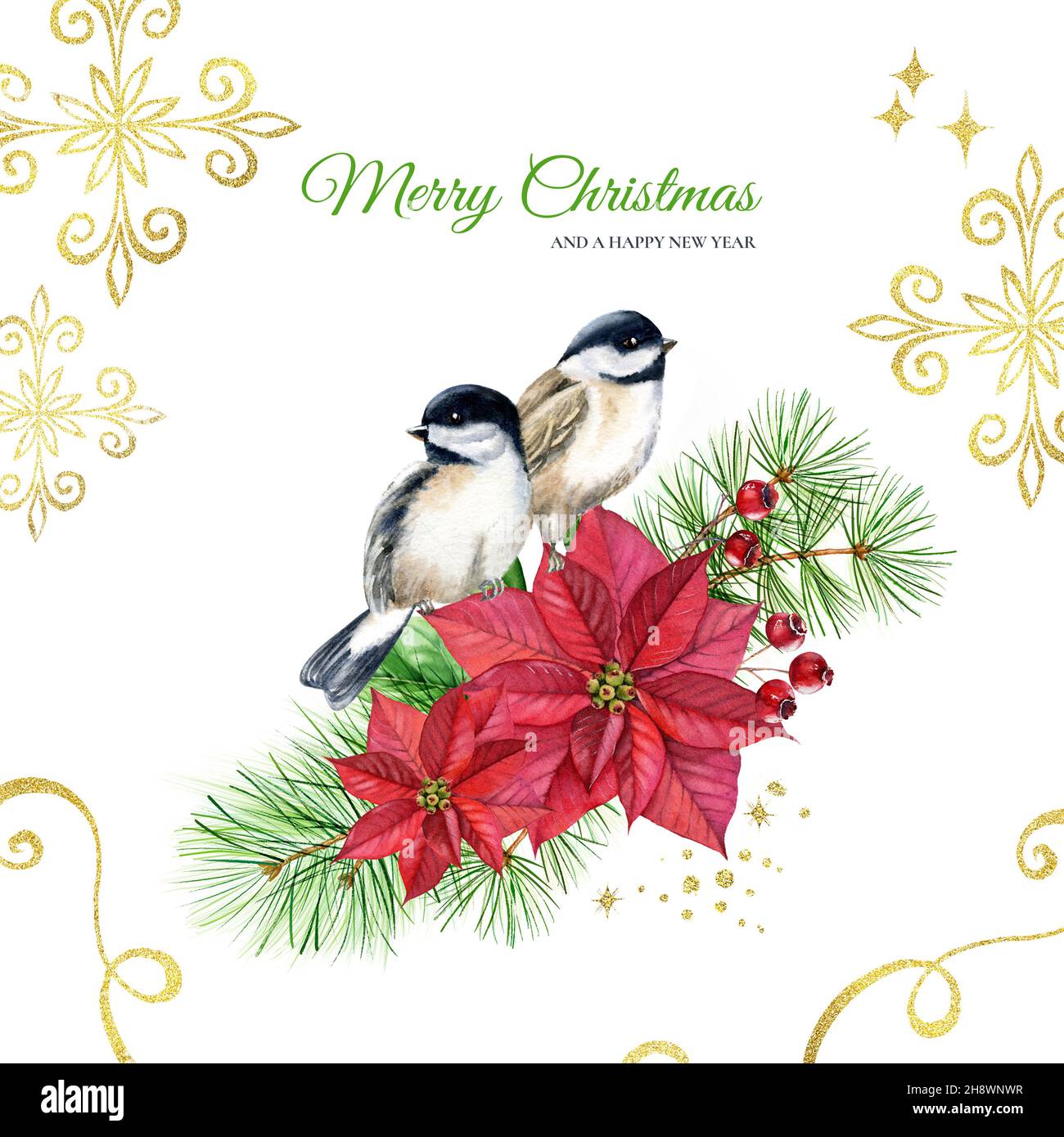 Modello di biglietto di Natale con uccelli. Illustrazione di acquerello dipinta a mano con due finches, fiori d'annata e ornamenti dorati della lamina. Vacanze invernali Foto Stock